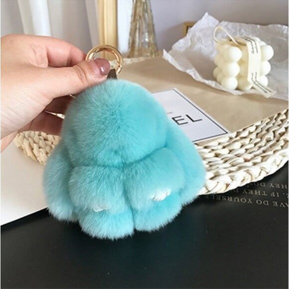 Real Rabbit hair pompom keychain - KC032 Turquoise - Picture 1 of 4